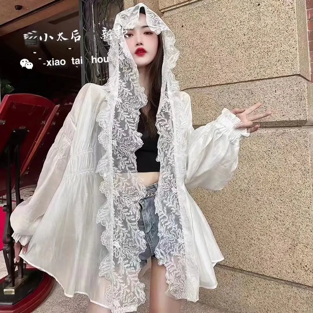 

Hooded Long Sleeved Lace Chiffon Shirt Blusas Mujer De Moda Thin Sun Coat Shirts & Blouses Ropa Fashion Korean