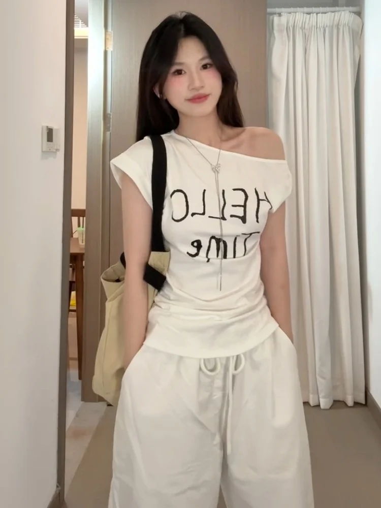 Sweet And Spicy American Sle Women's White oulder Slip Knot ort Sve T-irt Korean Slim Fit Letter Print Summer Top