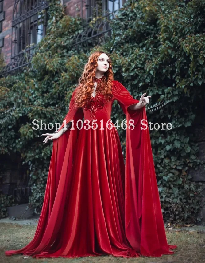 Vintage Victorian Burgundy Prom Dress Corseted Velvet Applique Fairy Long Sleeve Southern Civil War Medieval Ball فساتين سهرة