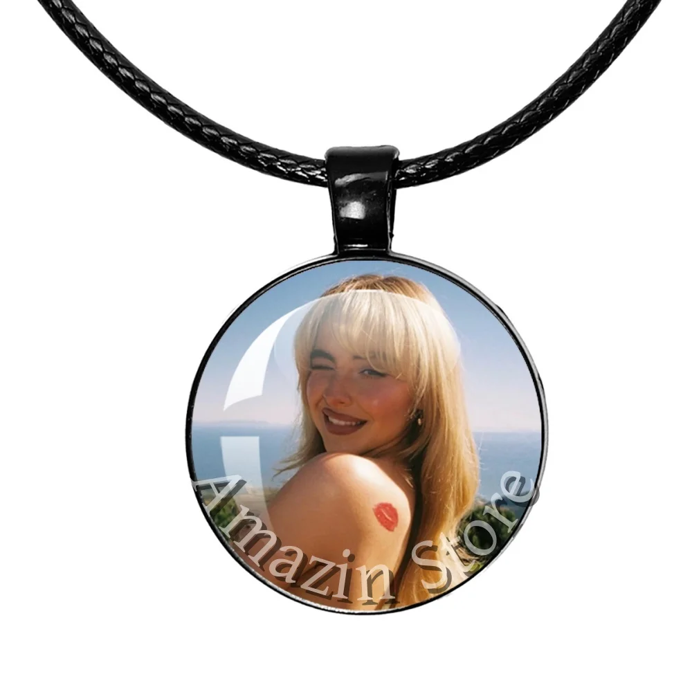 25mm Black Leather RopeNecklace Famous Character Sabrina Carpenter Creative Funny Singer Accessories Glass Pendant For Fan Gift