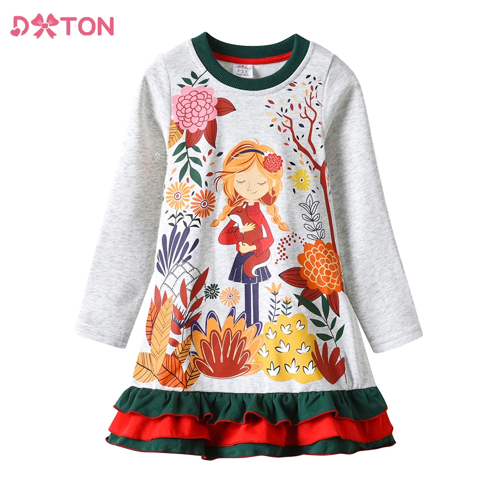 DXTON Children Cotton Dress Flower Plant Print Girls Dresses Winter Casual Girls Clothes Ruffles Vacation Toddler Kids Costumes