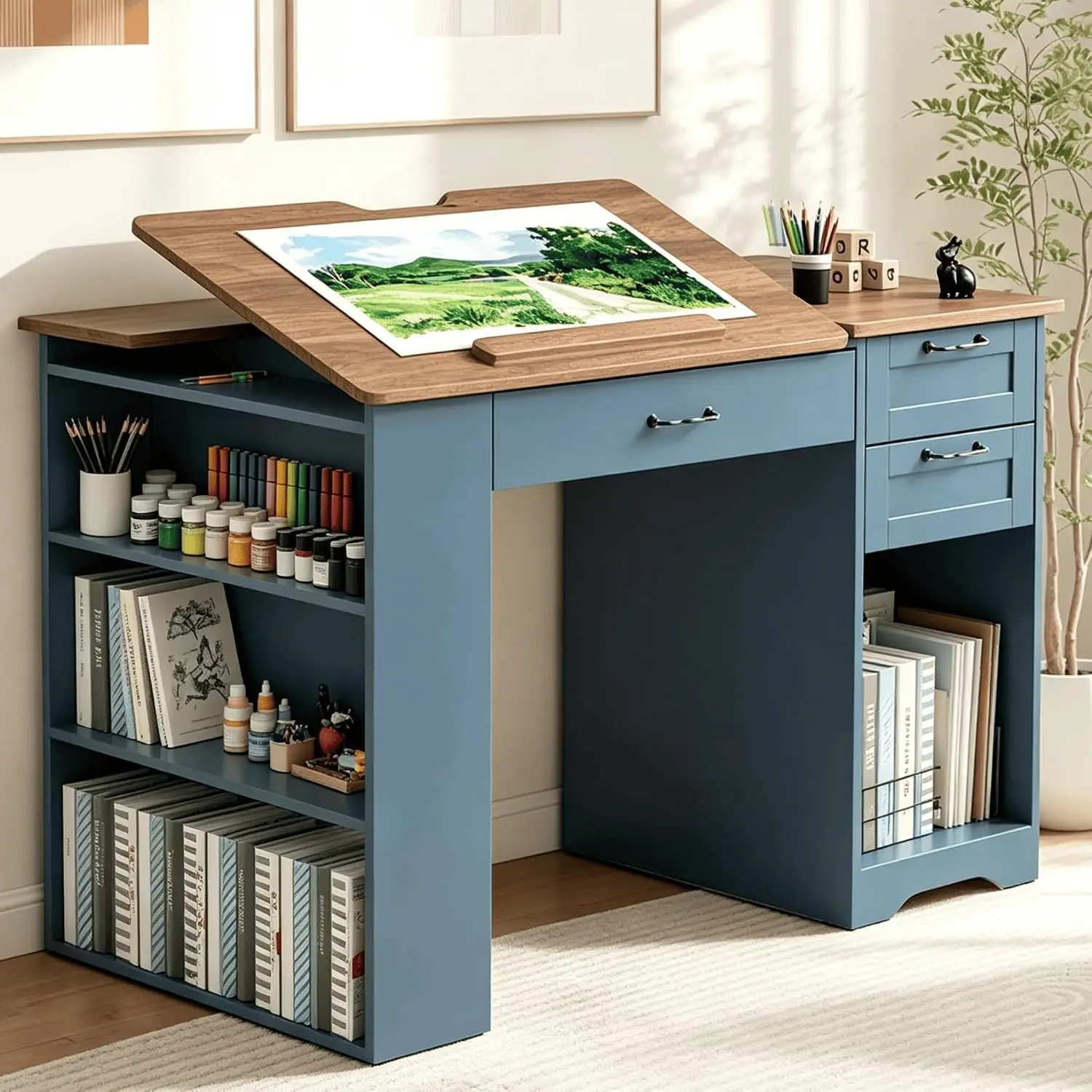 Drafting Table with Storage Cabinet & Drawers, Adjustable Drawing Table with Open Shelves, Craft Art Desk for Artists, Painters