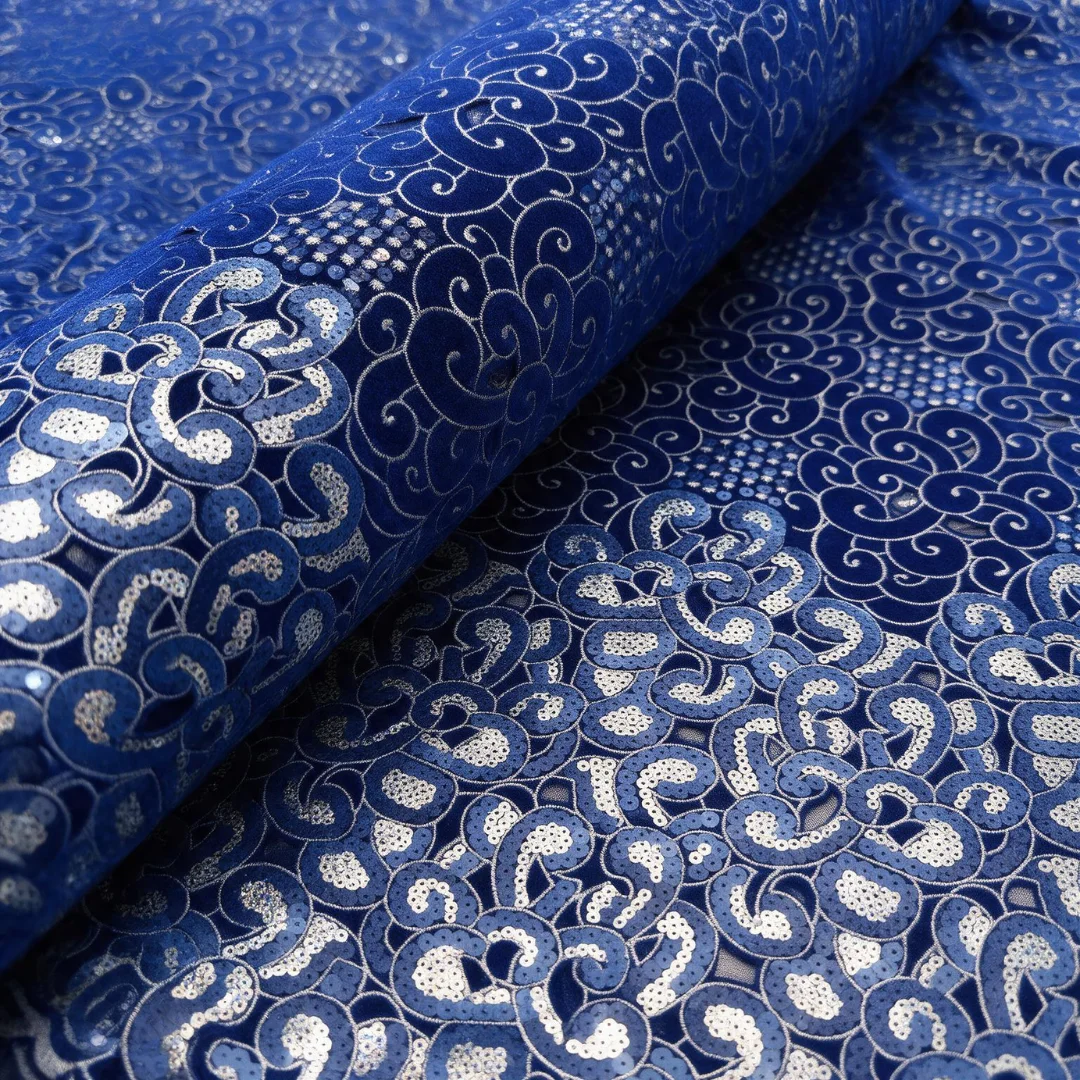 High Quality African Nigerian Velvet Hollow out Lace Fabric Sequins Embroidery Floral Cord Lace for Wedding Party Evening Dress