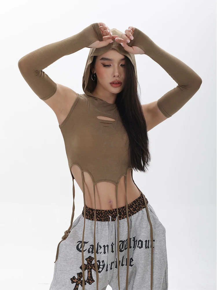 

Slim Fit Jazz Dance Top with Hoodie Belly Baring Short T-Shirt Sleeveless Performance Suit Cotton Polyester Ladies Vest