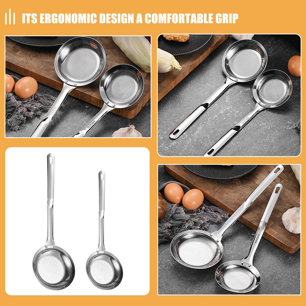 

2Pcs Sieve Strainer Large+Medium 304 Stainless Steel Fine Mesh Oil Skimmer Colander Ladle Kitchen Utensils Pasta Soy Milk Foam