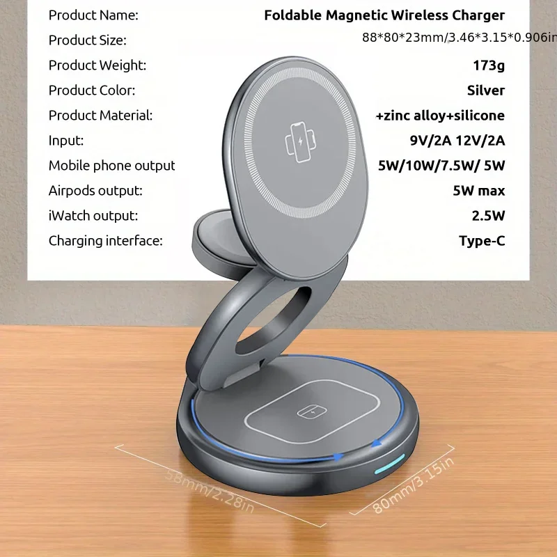 Soporte de cargador inalámbrico rápido portátil de viaje de aleación de Zinc magnético para Magsafe iPhone 16 15 14 13 12 Apple Watch 9 8 Airpods Pro