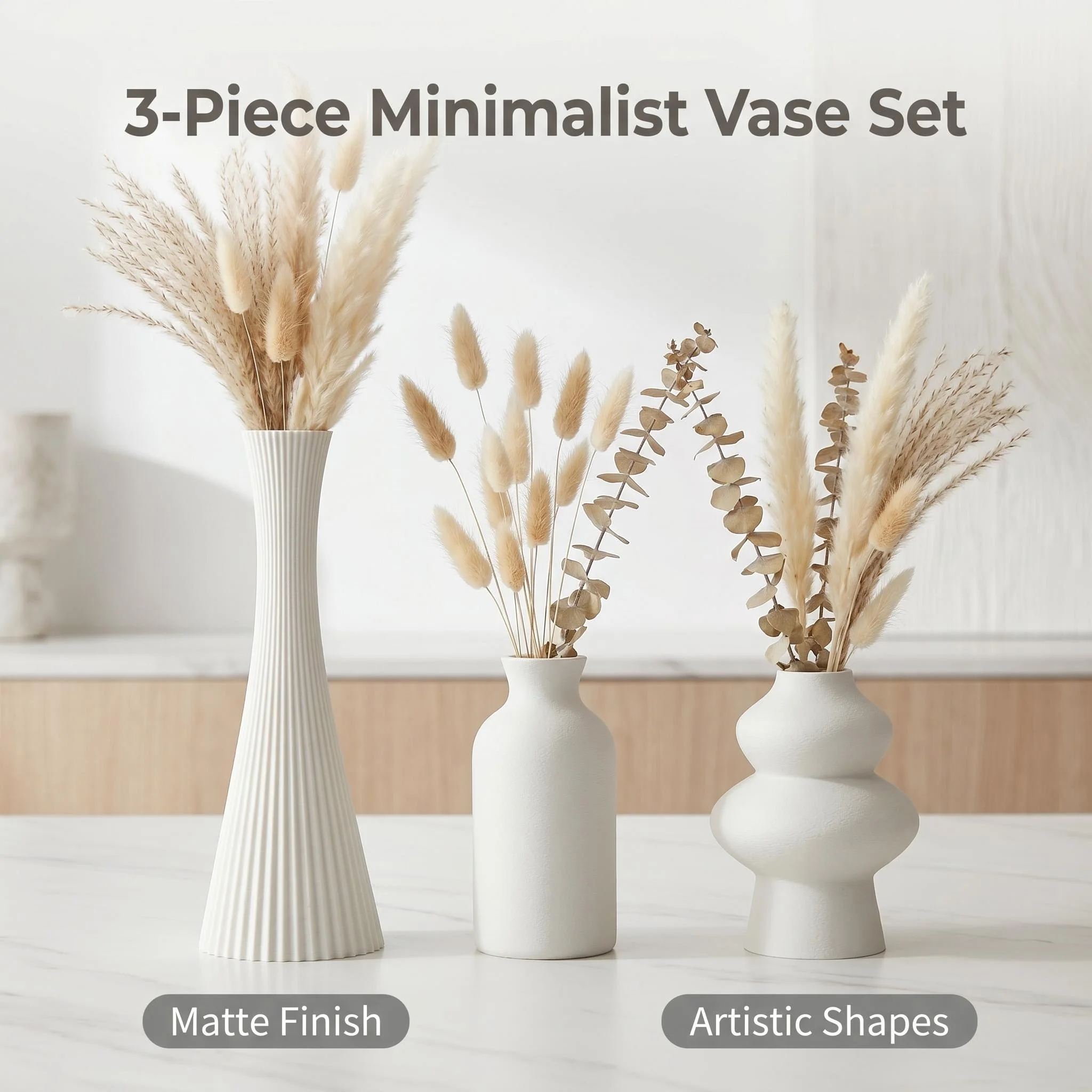 Ensemble de 3 vases imprimés en 3D mats et texturés, vases décoratifs irréguliers, parfaits pour la décoration nordique, la table d'entrée ou O