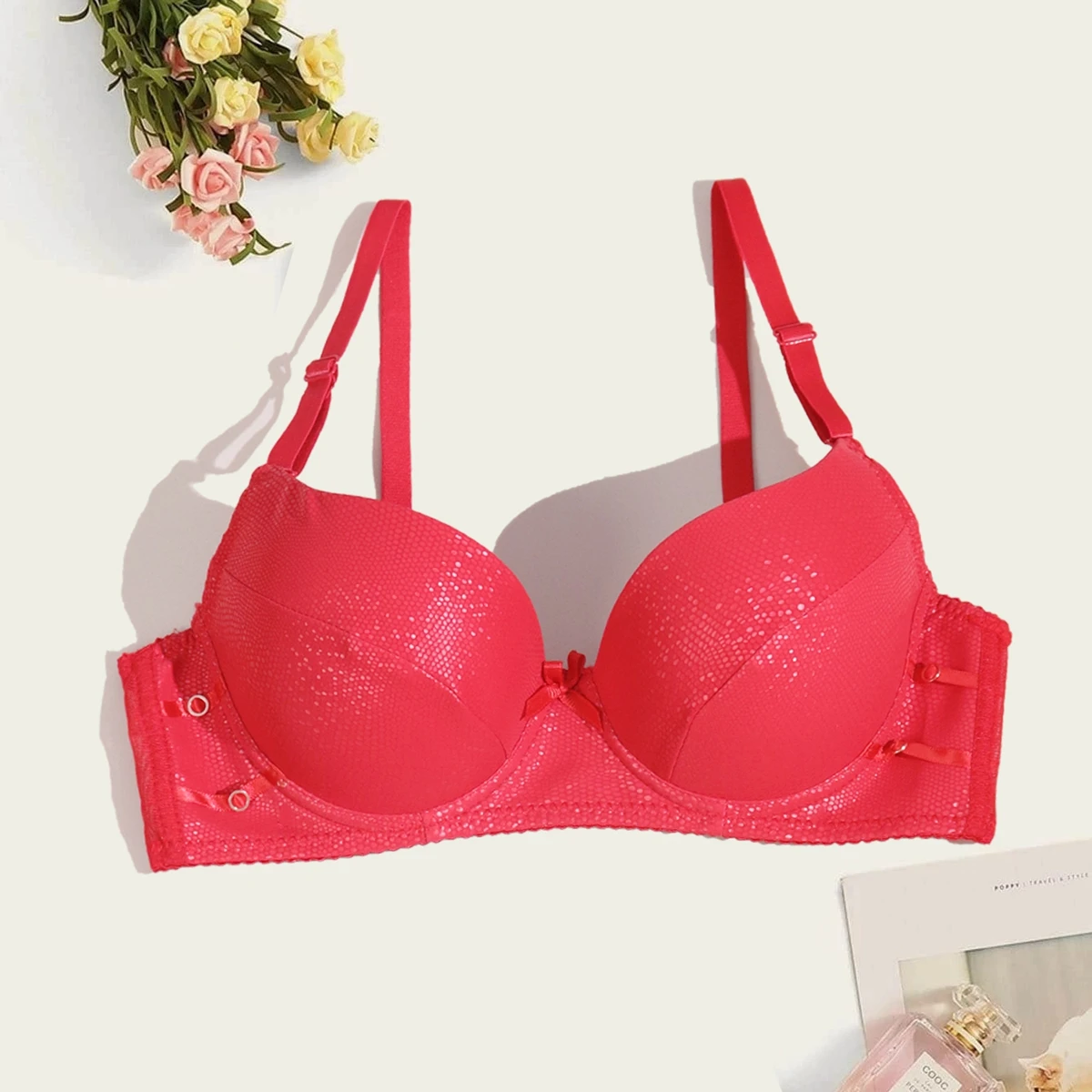 BEAUWEAR Christmas Red Women Bras PU Leather Splice Sponge Padded Molded Cup Underwire Push Up Bra Punk Style