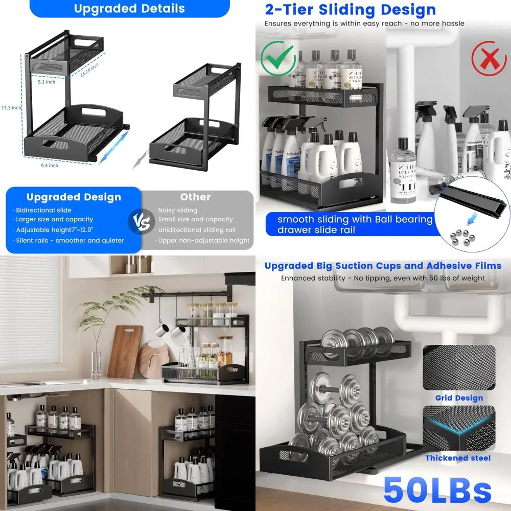 

2-Pack Adjustable Height 2-Tier Under Sink Organizers for Kitchen and Bathroom Storage Solutions