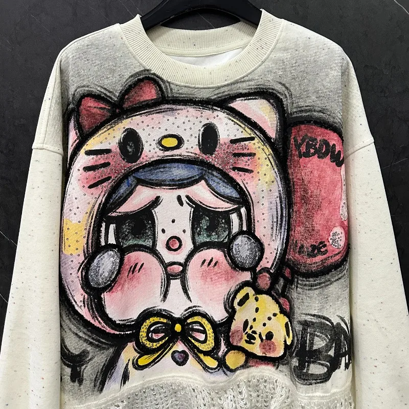 2025 Autumn New Cute Age-Reducing Cartoon Sequin Print Patchwork Crew Neck Sweatshirt For Women's Loose Casual Style Top Hoodies