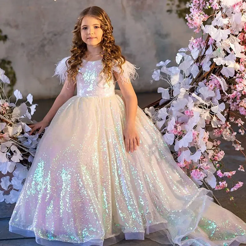 

Baby Girls Birthday Party Ball Gown Feather Sleeve Little Kids Glitter Sequin Princess Dress Children Tail Long Evening Dresses