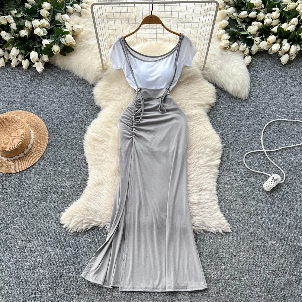 セクシーなスプリットスプライシングドレスシックなヴィンテージイブニングパーティークラブ女性シックな夏のフェアリーコアロングドレスセレモニードレス