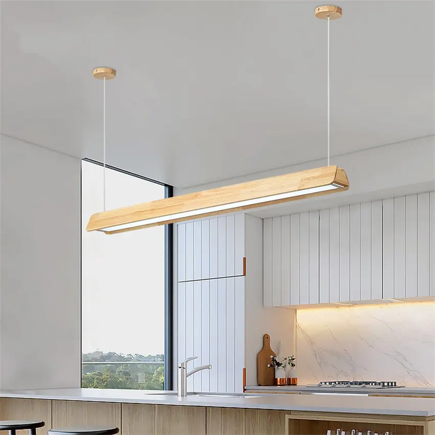 Japanese style log strip LED pendant lights study living room dining office rectangle hanging lamps