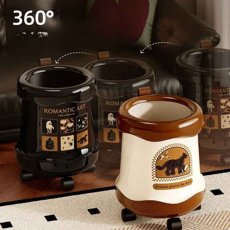 Vintage American Trash Cans 360° Rolling Wheels Animal Print Garbage Bins Movable Wastes Container for Home Bathroom Accessories