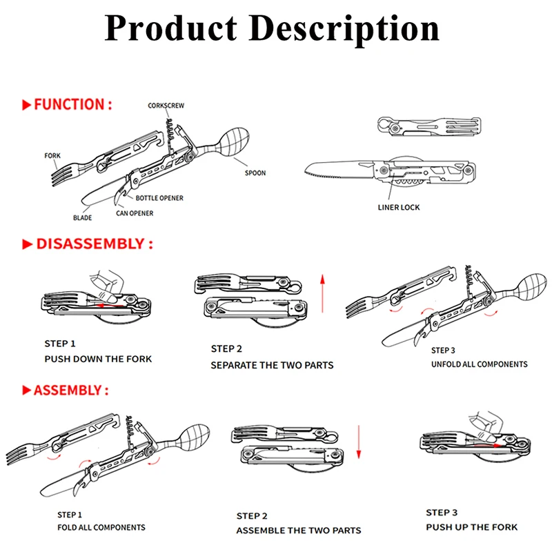 420 Stainless Steel Pocket Knife Multi-tool Portable Fork Spoon Outdoor Survival Camping Folding Knife Detachable Hand Tools