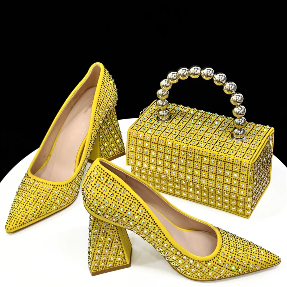 

Yellow Women Shoes And Bag Set To Match 2024 Luxury Ladies High Heels Stones Pumps With Handbag Clutch Escarpins Femme CR376