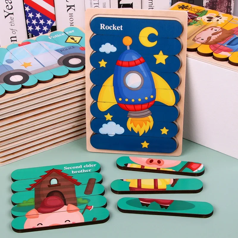 Kids New Wooden Two-sided Strip 3D Puzzles Wood Vehicle Fruit Jigsaw Puzzle Toy for Children Baby Learning Educational Toys Gift