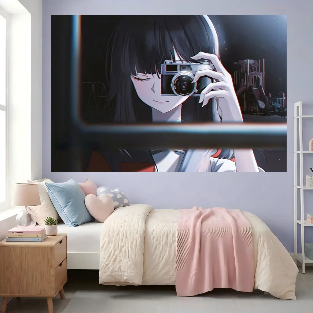 Vintage Film Camera Anime Girl Tapestry Vintage Camera Night Scene Wall Hanging Art for Dorm Bedroom Dark Aesthetic Room Home