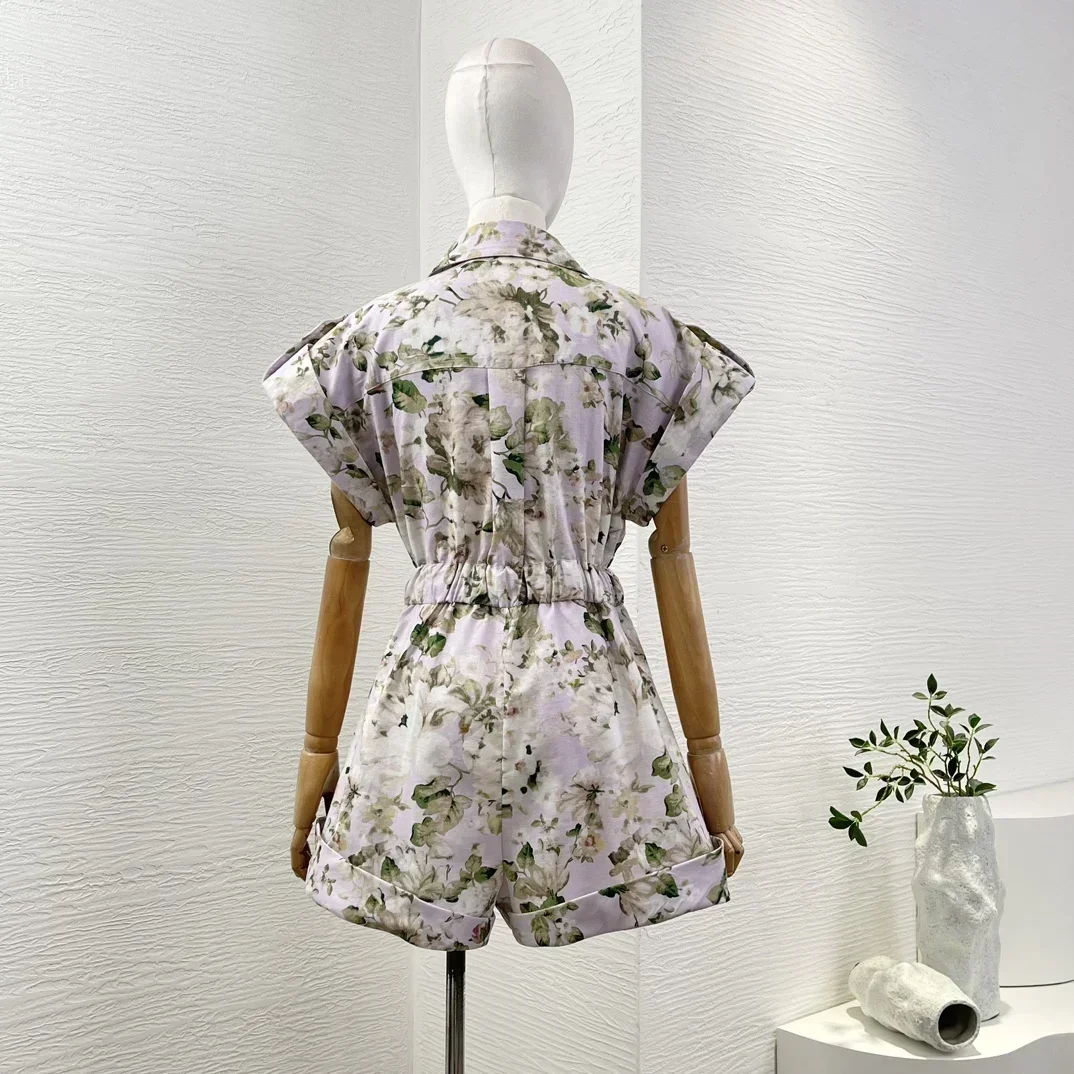 Beach Style Purple Elegant Linen High Quality Floral Print Short Sleeve Self Bow Tie At Waist Women Holiday Playsuits