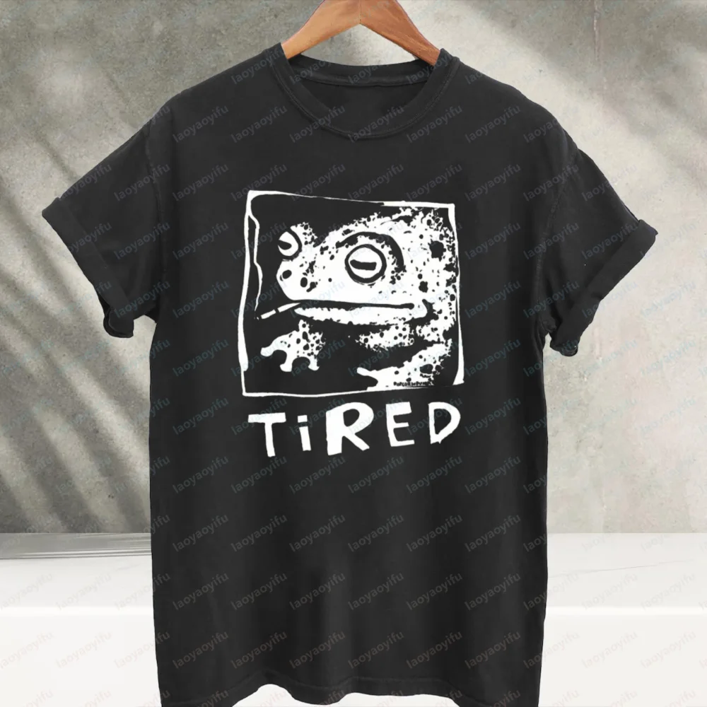 Tired Frog Meme Graphic T‑Shirt Retro Grunge Distressed Art Frog Print Short Sleeve Tees Cotton Casual Loose Streetwear Tops