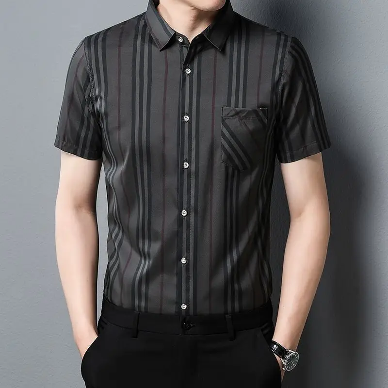 Short Sleeve New in Shirt Men's Clothes Summer Thin Ice Silk Turn-down Collar Tees Pockets Button Fashion Casual Vintage Tops