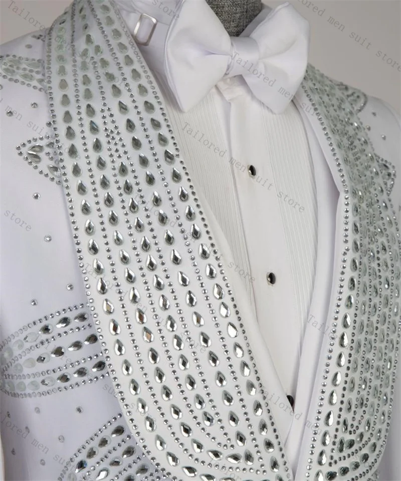 الأبيض بلورات الرجال دعوى مجموعة 2 قطع السترة + بانت أسود مكتب رسمي الذكور سترة حفلة موسيقية القطن معطف بنطلون العريس الزفاف البدلات الرسمية