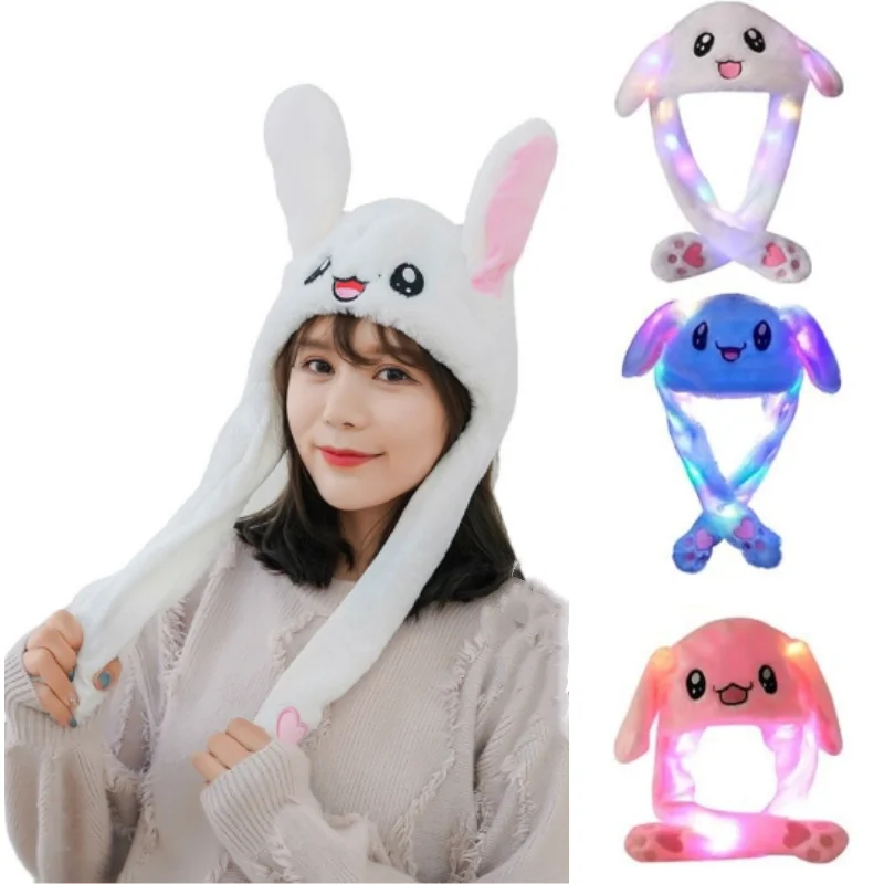Cute LED Glowing Rabbit Hats Animal Cosplay Hats Plush Hat After Pressing The Paw The Ear Popping Up Ear Moving Jumping Hat