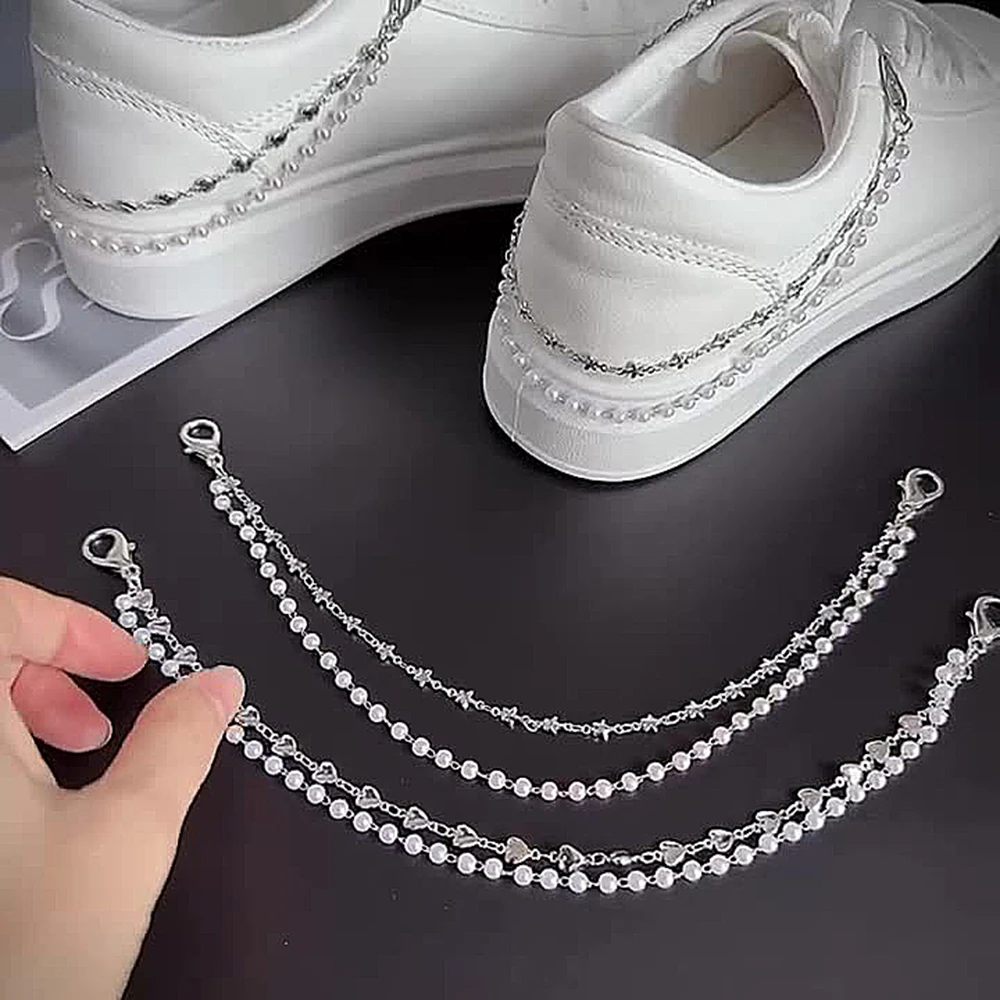 Metal Pearl Chain For Girls Double Layer Shoe Chain Creative Sneakers Jewelry Chains Fashion Shoes Buckles Shoes Accessories Hot