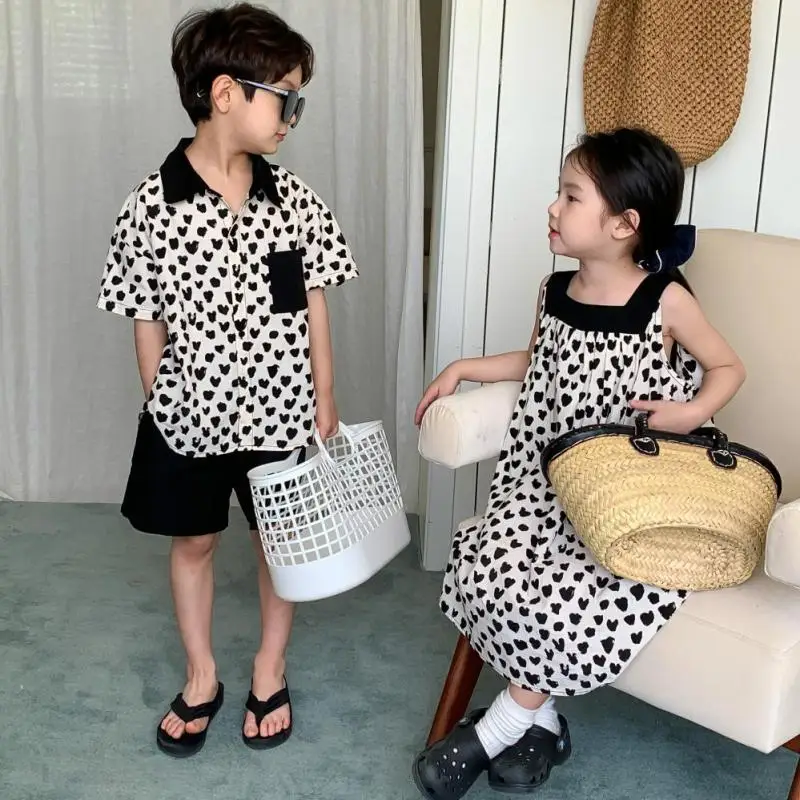 

2025 Summer New Brother Sister Heart Print Clothes Set Boys Shirt Shorts Suit Girls Casual Loose Sling Dress Children Outfits