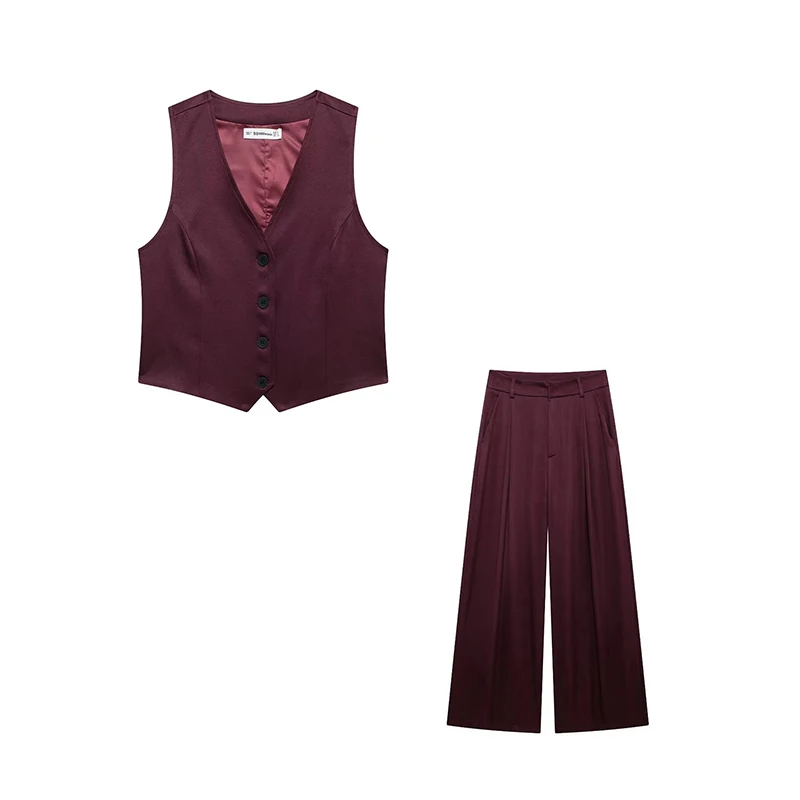 YUEYANG Women Fashion Elegant Wine Red Vest Pants Set Female Tailored Waistcoat Straight Pleated Trousers Outfits