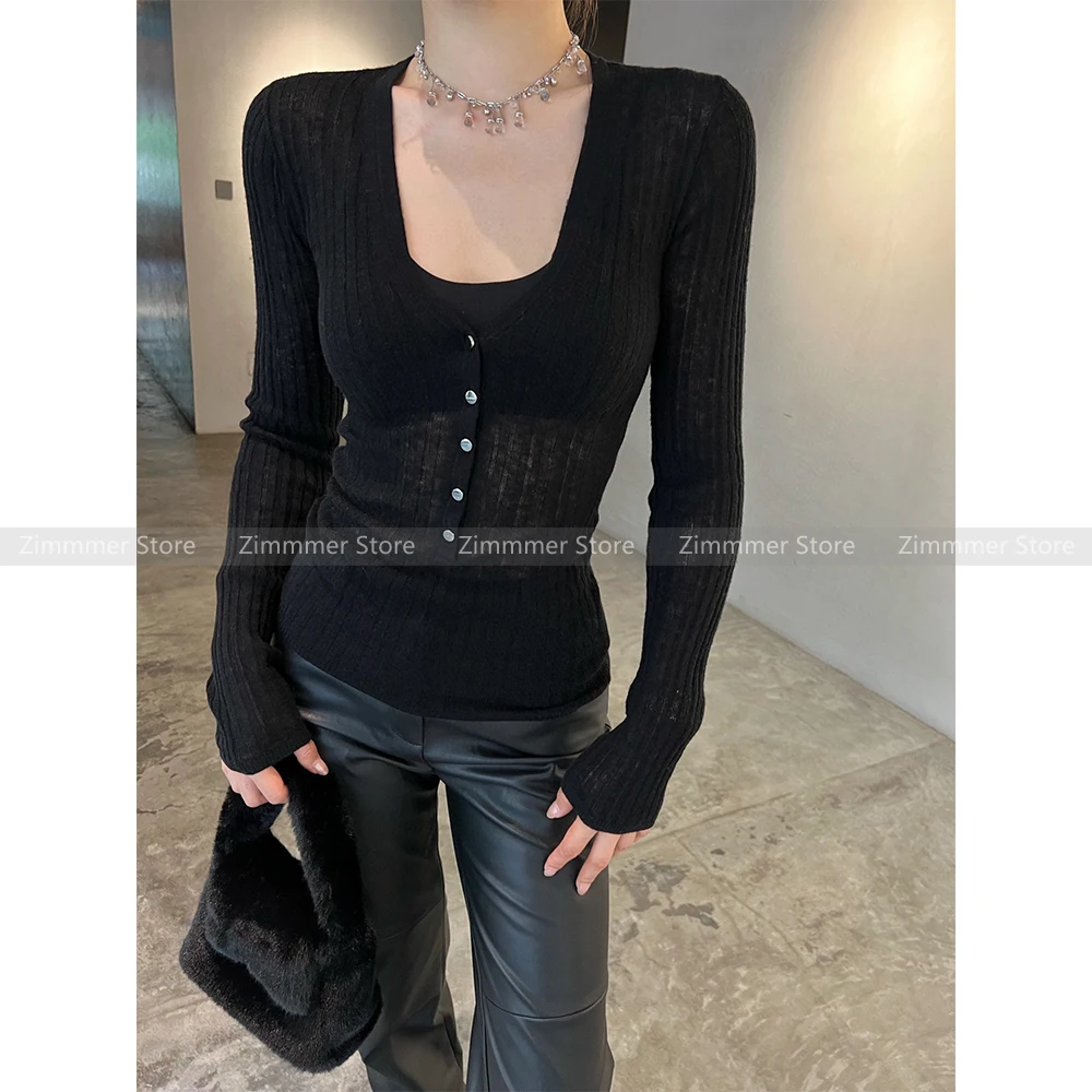 

Women's Hundred V-neck Slim Split Slightly Transparent Cashmere Knit Long Sleeve Bottom Shirt