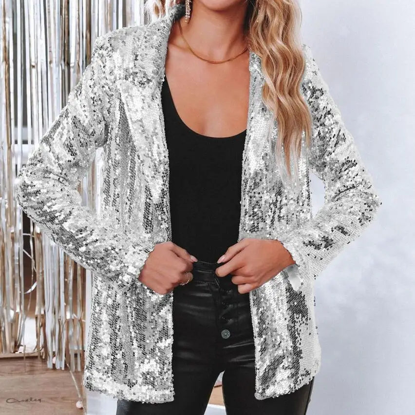 New Fashion Long Sleeve Turn-down Collar Solid Color Slim Fit Sequin Suit Jacket For Women,10 Colors