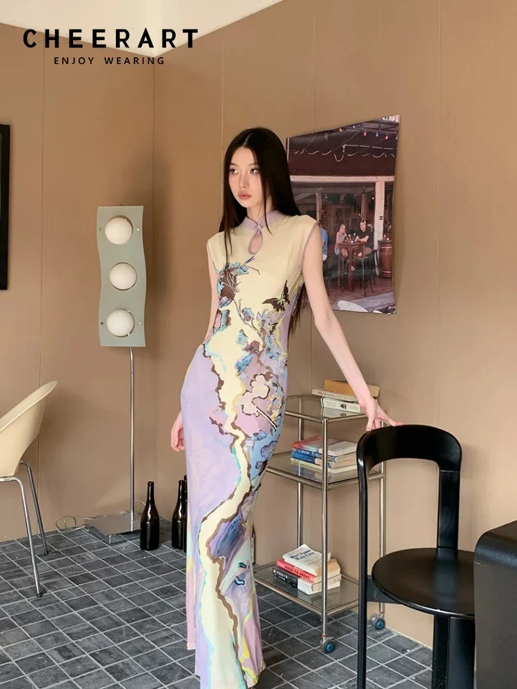 

CHEERART Vintage Floral Elegant Long Dress For Woman 2025 Summer Mesh Cheongsam Sleeveless Bodycon Midi Dress Clothes For Ladies