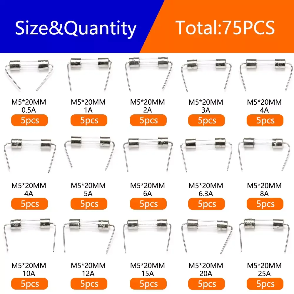 75Pcs 5×20mm Glass Fuse with P - огляд і ціна Diy Electronics Holder