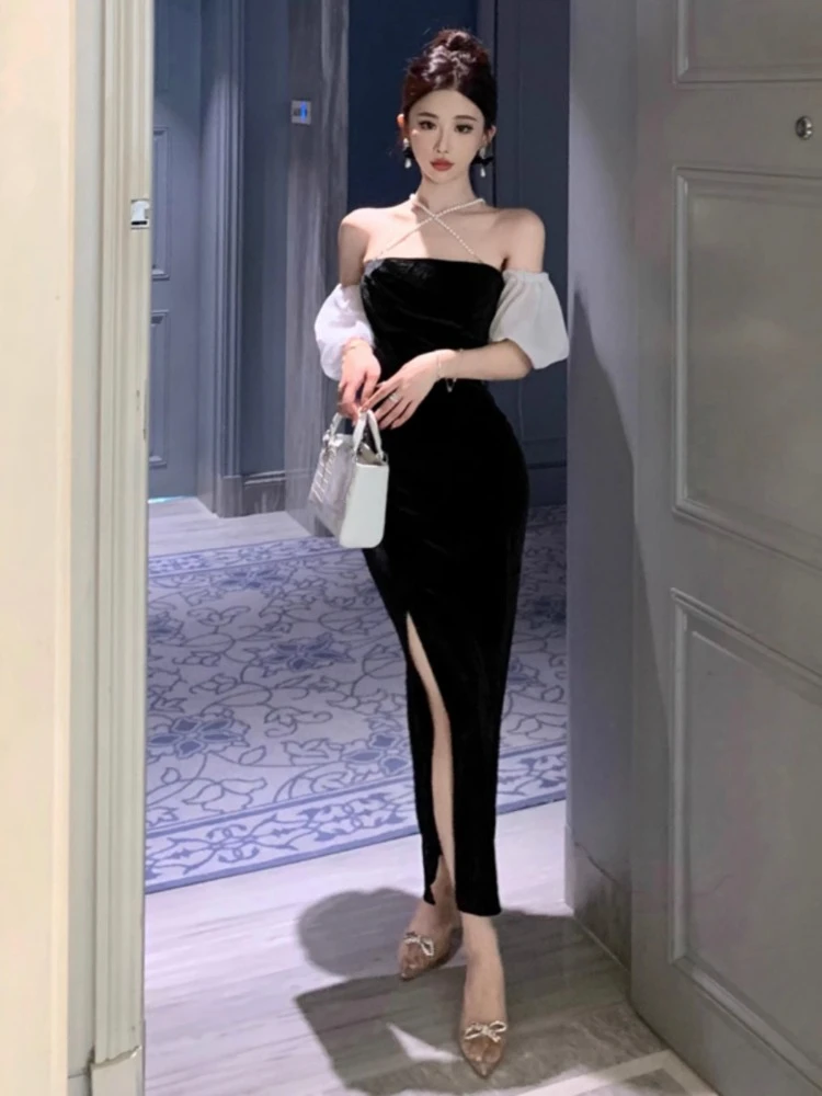Ezgaga abiti donna Sexy Puff senza maniche Patchwork con spalle scoperte Slash Neck Backless Slim Split Party Dress velluto elegante Chic