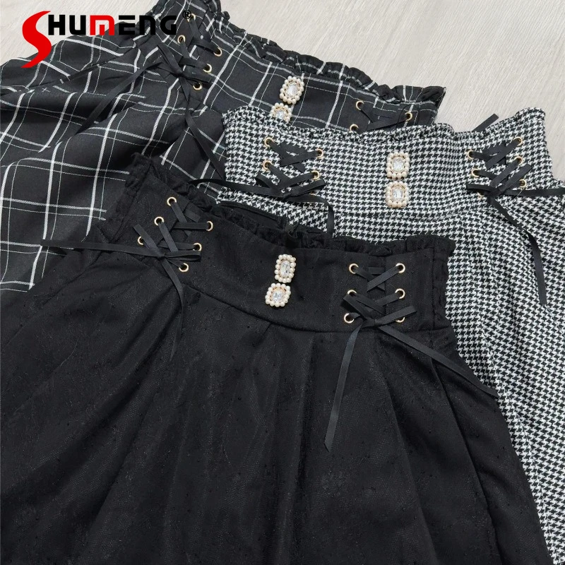 2025 Spring New Japanese Lolita SC Thin Bow Tie High Waist Gem Buckle Strap Skirt Y2k Clothes Black Slimming Skirts For Women