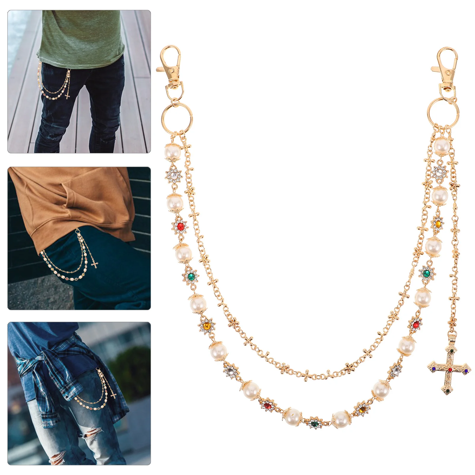 

Hip Hop Waist Chain For Men Golden Cross Pearl Pants Chain Punk Style Heavy Duty Metal Belt Jewelry Rapper Accessories