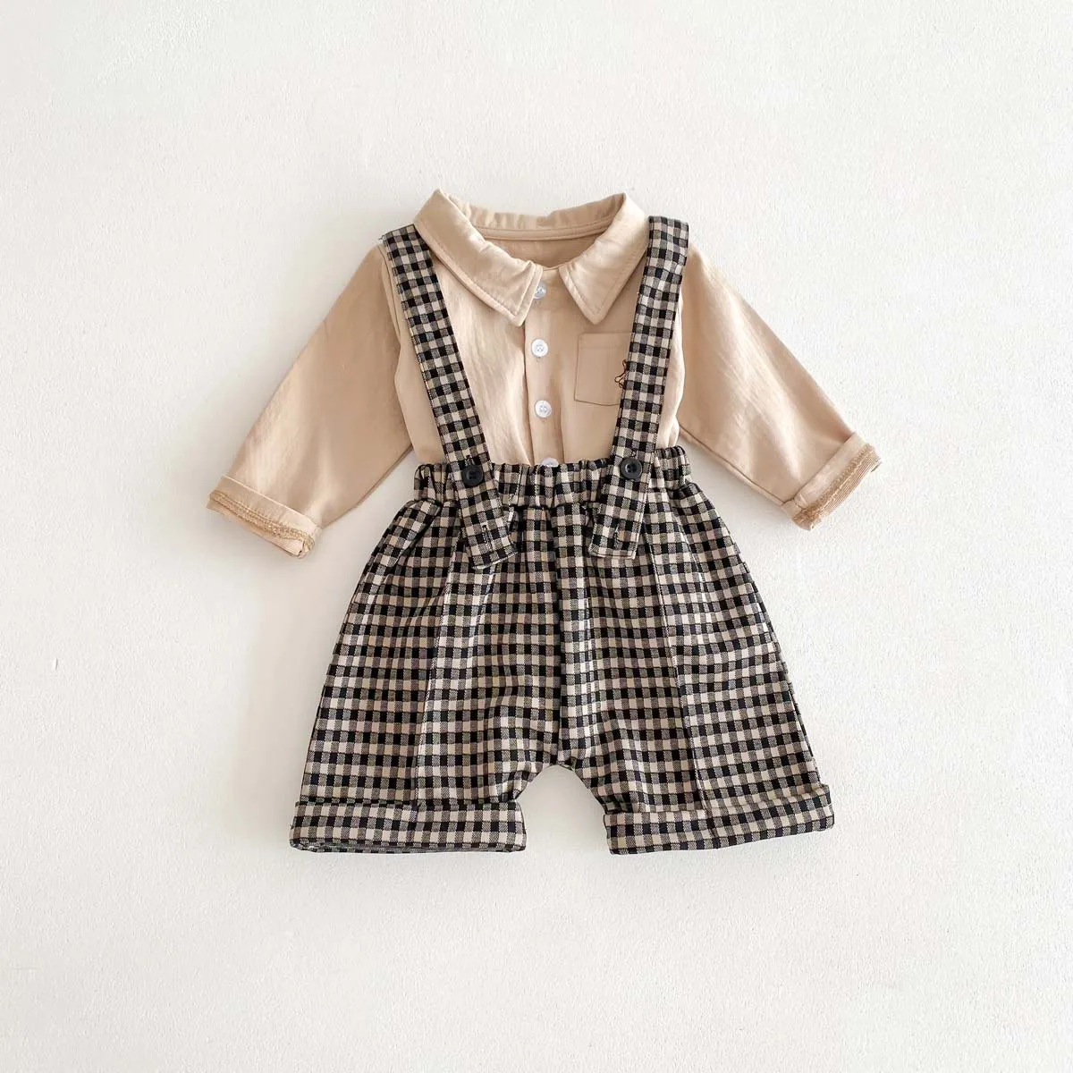 Baby Clothing Spring Autumn 2024 Suspenders Shorts Boys and Girls  Plaid Black Suspenders Rompers Korean Style Kids Clothes