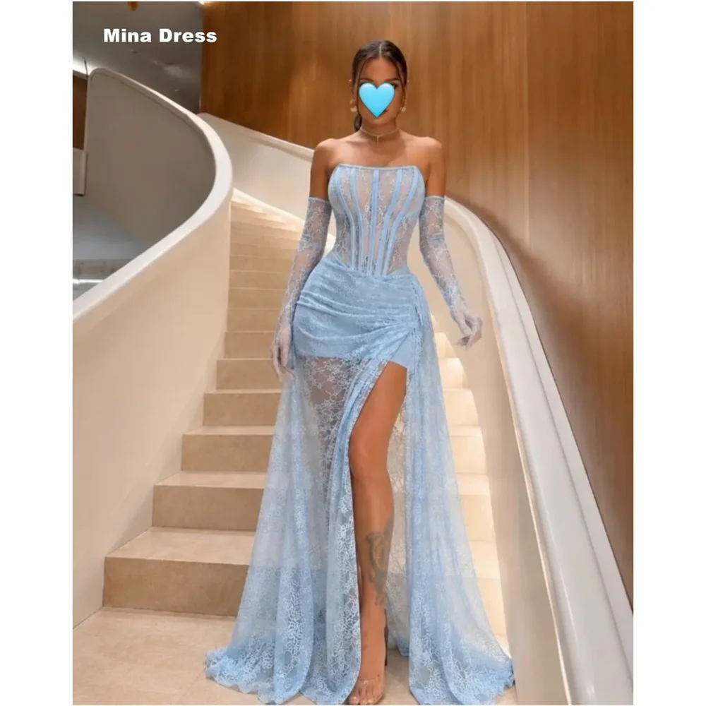 Mina customized sky blue strapless strapless fishbone corset,Strongly shape the waist and chest lines; high side slits and trail