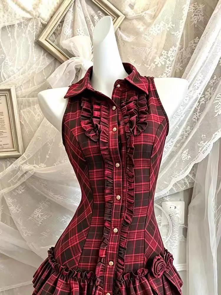 Vestido Mini Vintage a Cuadros con Parches para Mujer, Estilo Y2K Japonés, Delgado, Sin Mangas, Línea A, Elegante, Preppy, Gótico, Vestidos Mujer
