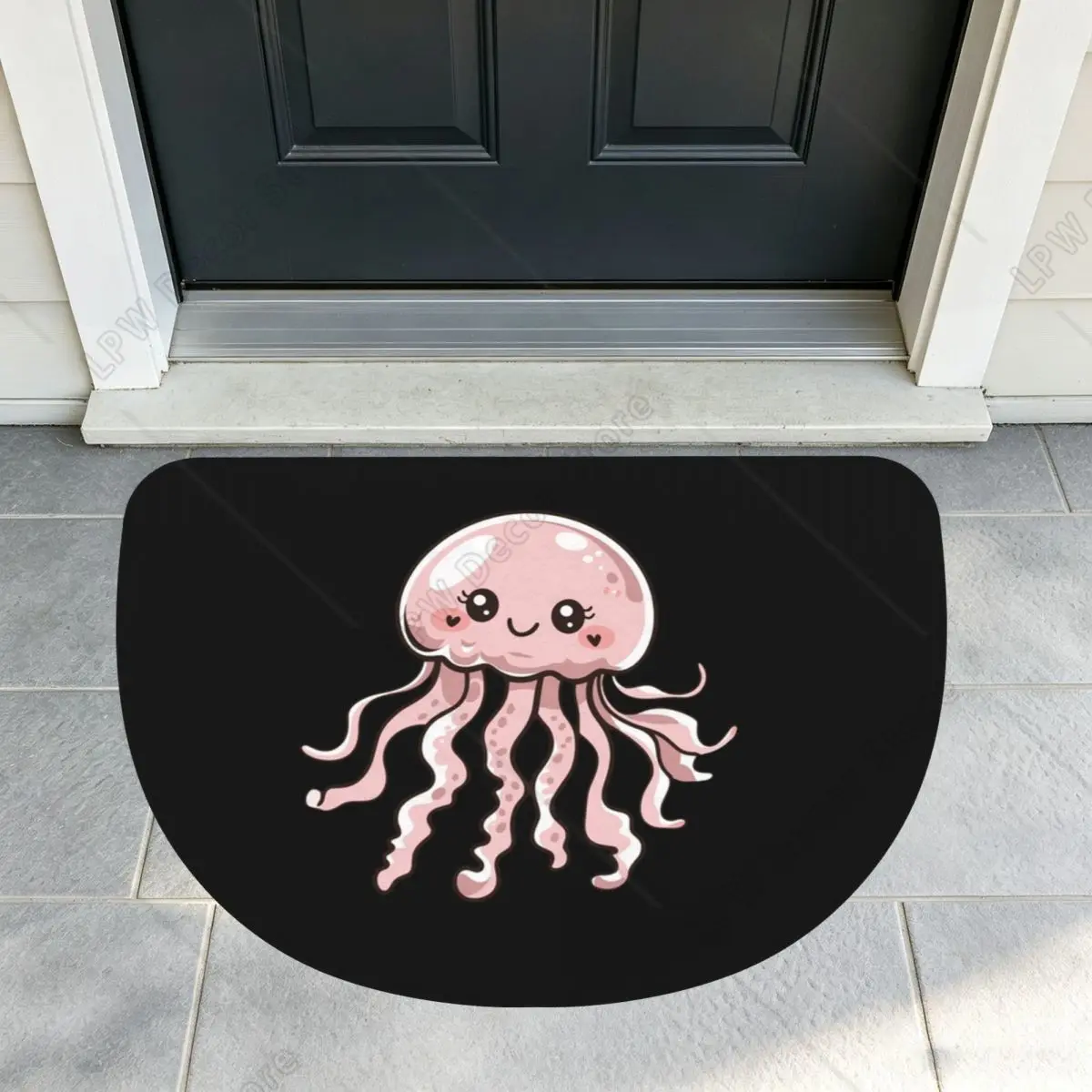 Cute Jellyfish Kawaii Design Soft Flannel Half Round Doormat Non Slip Bathroom Mat Absorbent Floor Carpet for Living Room