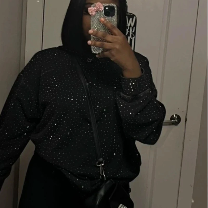 Y2K الخريف والشتاء للجنسين الشارع الشهير حجر الراين تصميم فضفاض هوديي، ملابس أزياء الشارع، الزي هالوين، سحب فضفاض دافئ