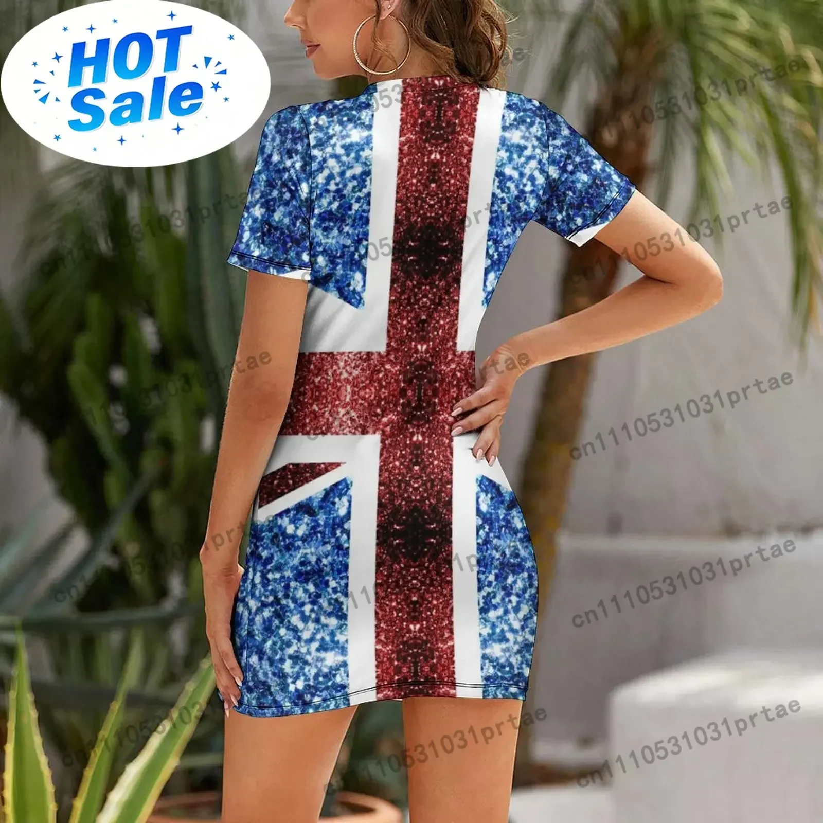 United Kingdom UK flag blue red faux sparkles British Union Jack (Photo of Glitter - Not Reflective) Short Sleeved Dress view 3