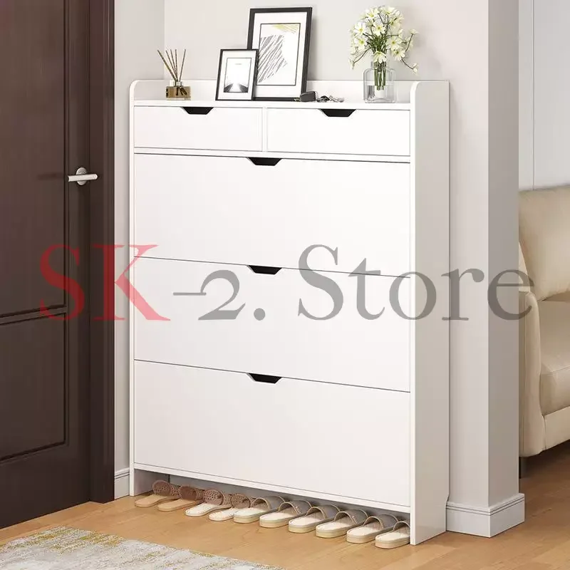 2-Tier Wooden Shoe Organizer Cabinet With Flip Drawers Narrow Shoe Storage Cabinet Space Saving Slimming Shoe Rack