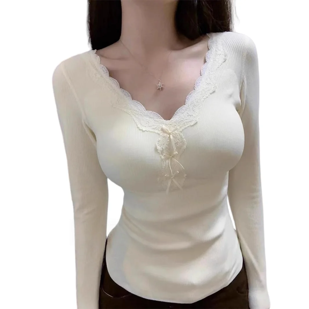 

2026 New Women Korean Style Lace V Neck Velvet Thermal Base Top Slim Brushed Inner Wear Casual Autumn Winter Tops