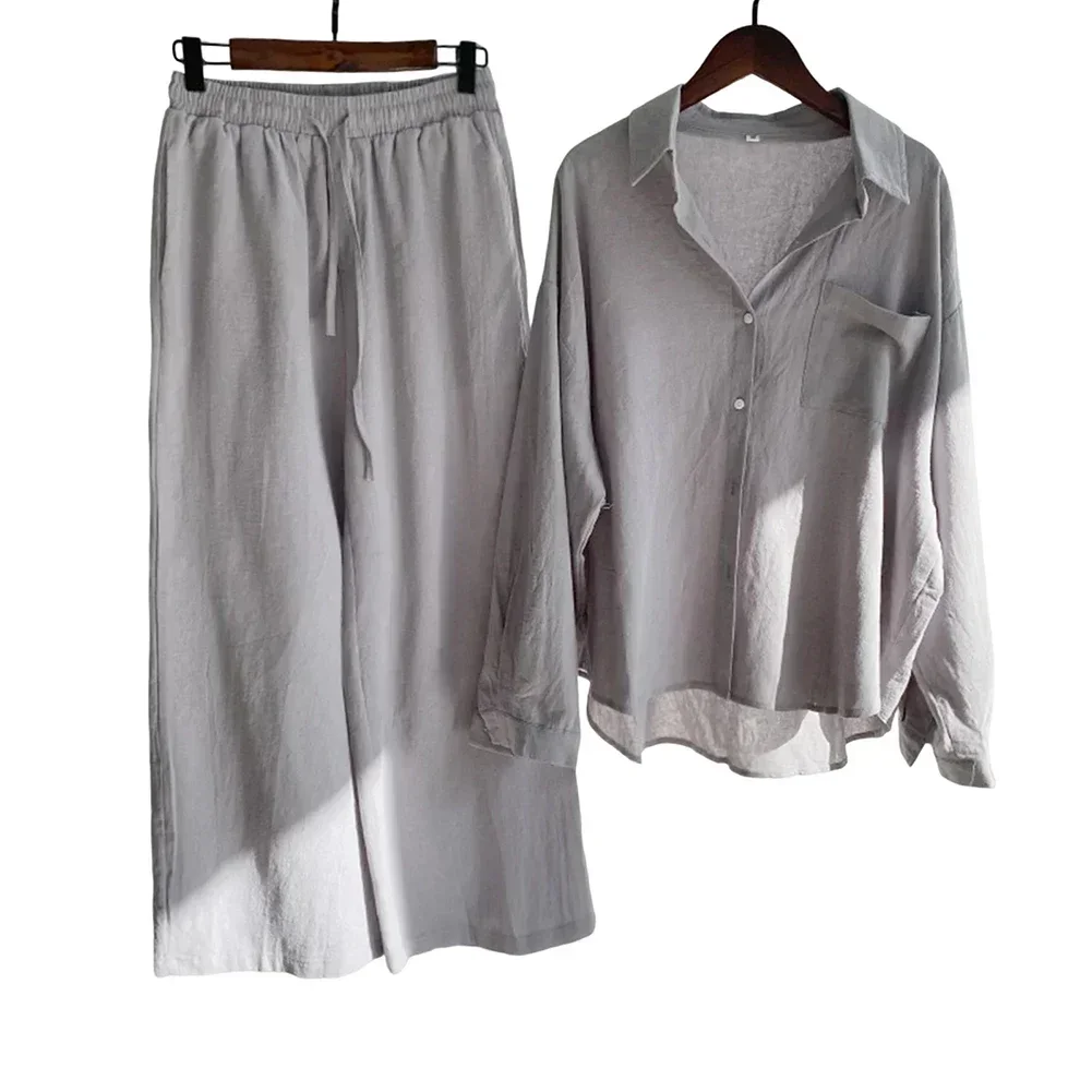 Women's Comfortable Solid Colour Shirt And Loose Wide Leg Pants 2PCS Set Vintage Suit