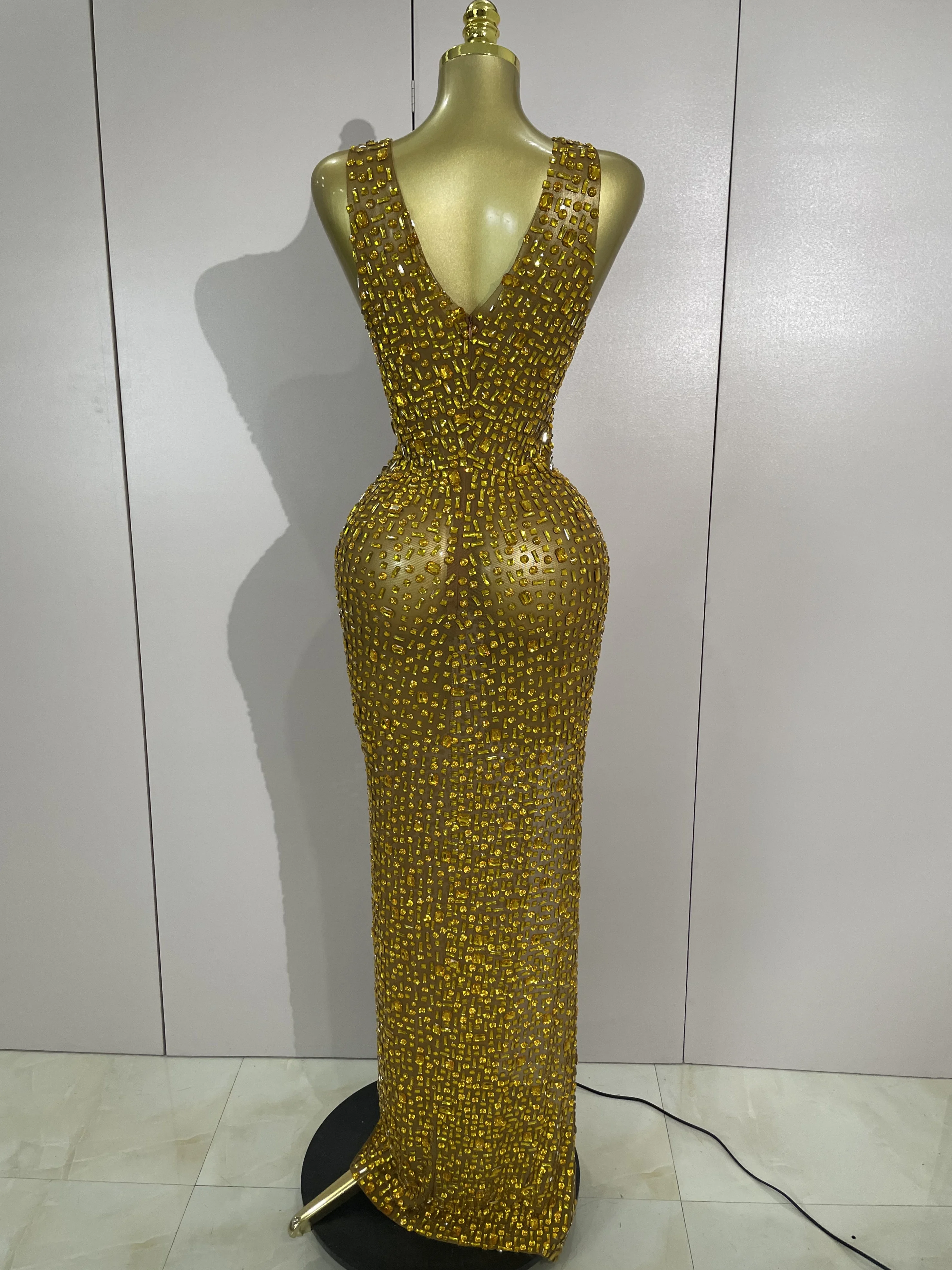 Sexy Sparkle Diamonds Mesh See Through Maxi Dress Evening Party Luxury Birthday Wedding Guest Gown NightClub Bar Stage Costumes