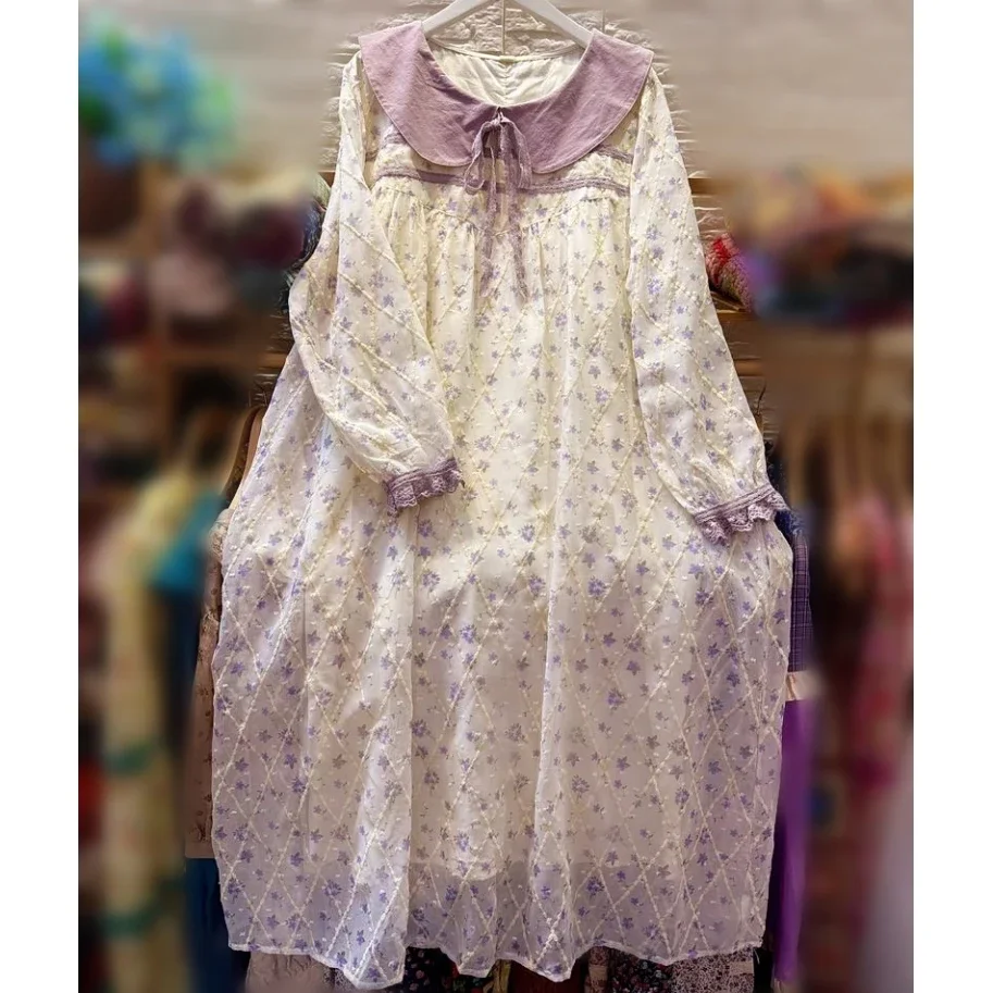 

Sweet Embroidery Organza Cotton Tunic Purple Midi Dress for Women 2024 Vintage Retro Shabby Chic Cottagecore Evening Long Dress