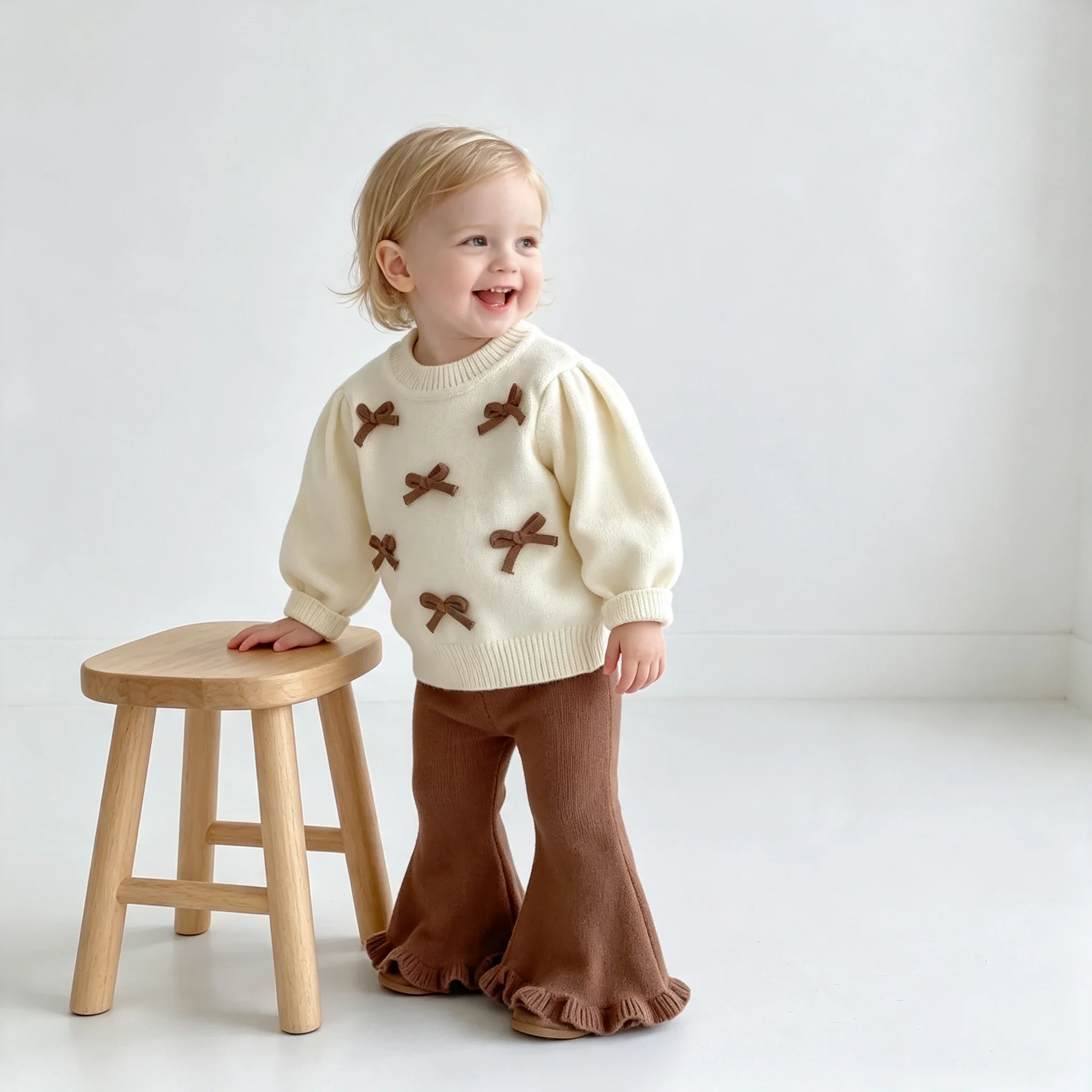 ZOETOPKID Newborn Baby Girls Sweater Autumn Winter Cute Bow Round Neck Top Flared Pants+cute Bag 3pcs Set for Toddler Infant