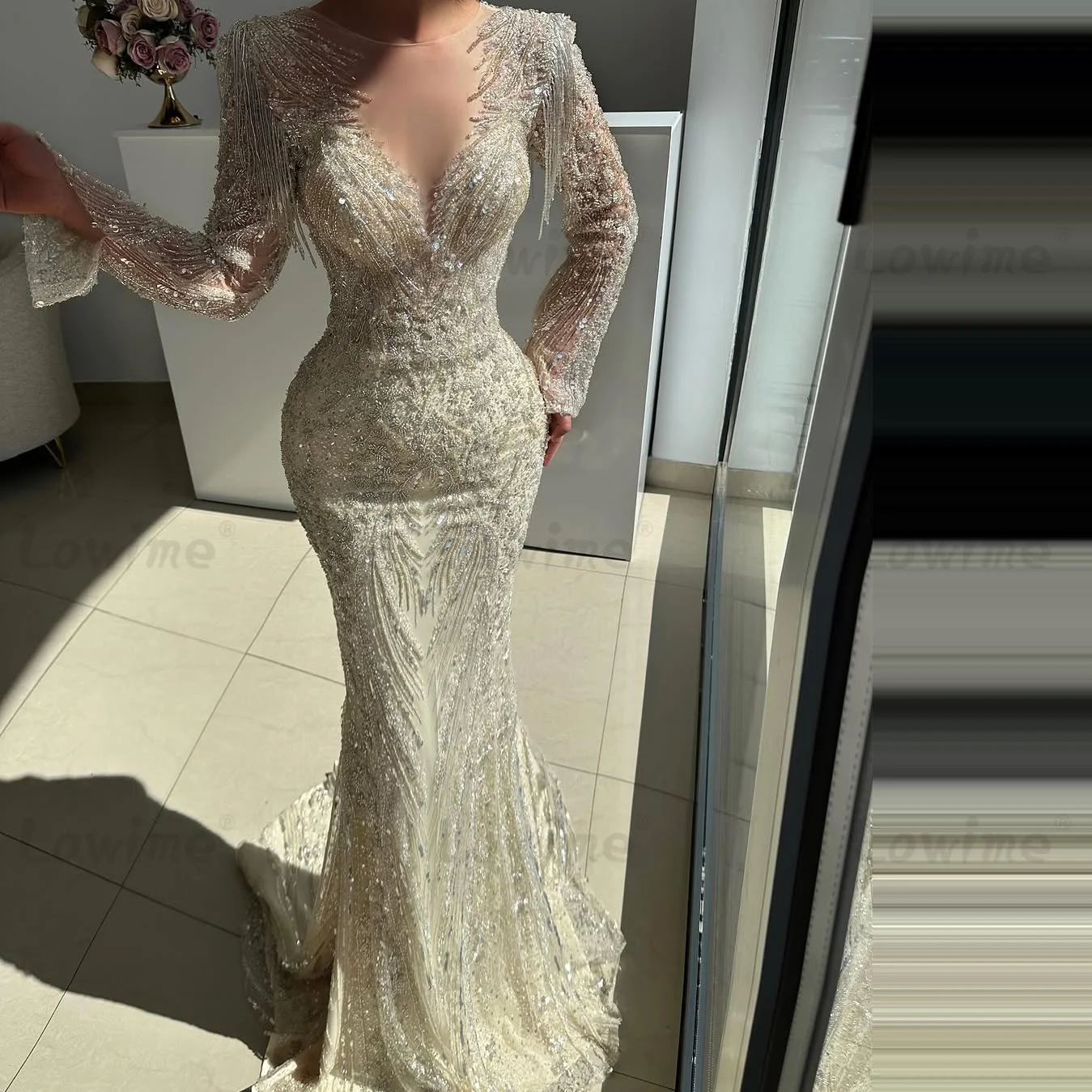 

Beige Elegant Mermaid Evening Dress Beading Tassels Glitter Wedding Party Gown Customized Long Sleeve Prom Dresses Dubai Arabic